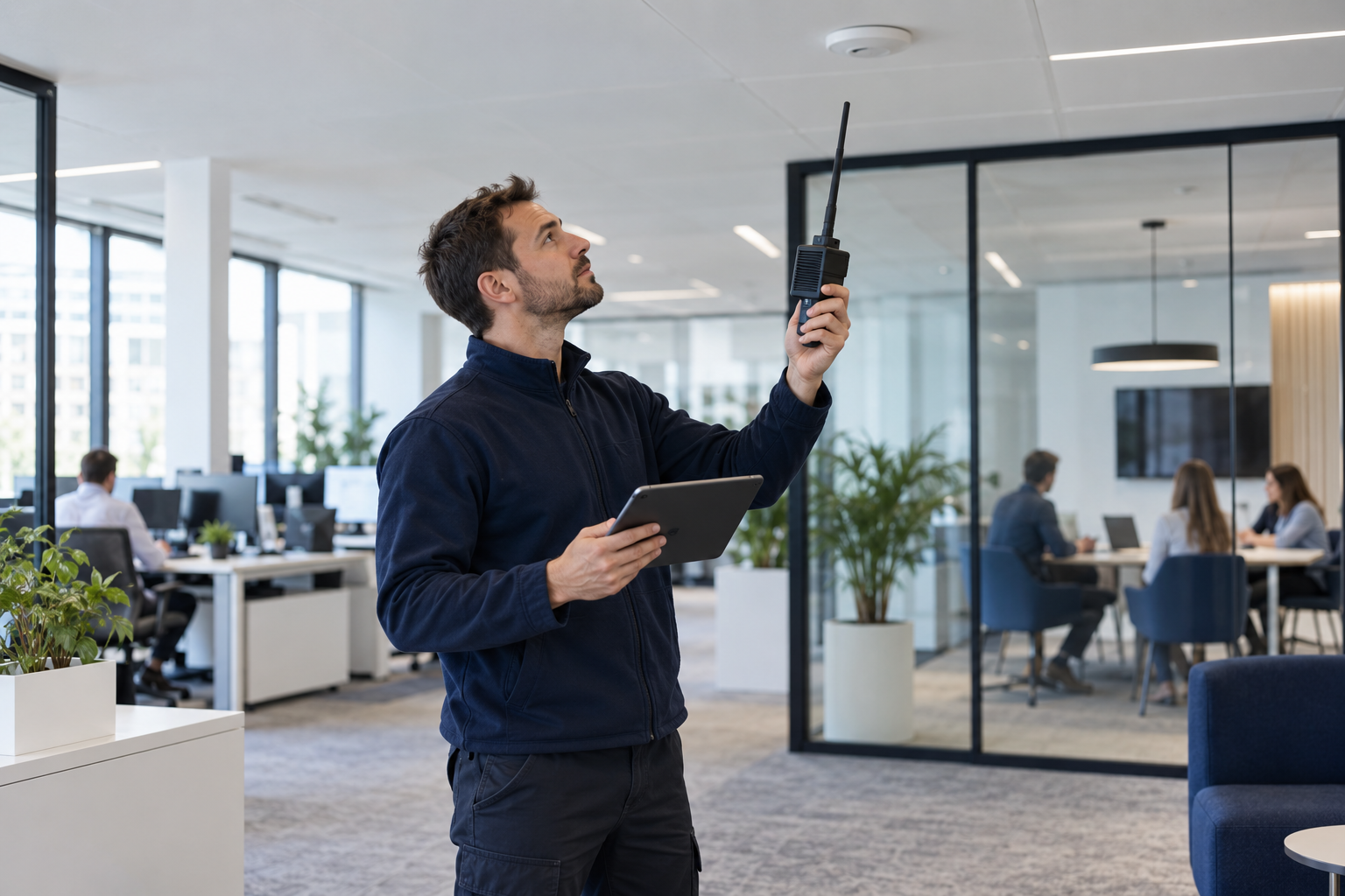 Technicien réalisant une étude de couverture Wi-Fi en entreprise