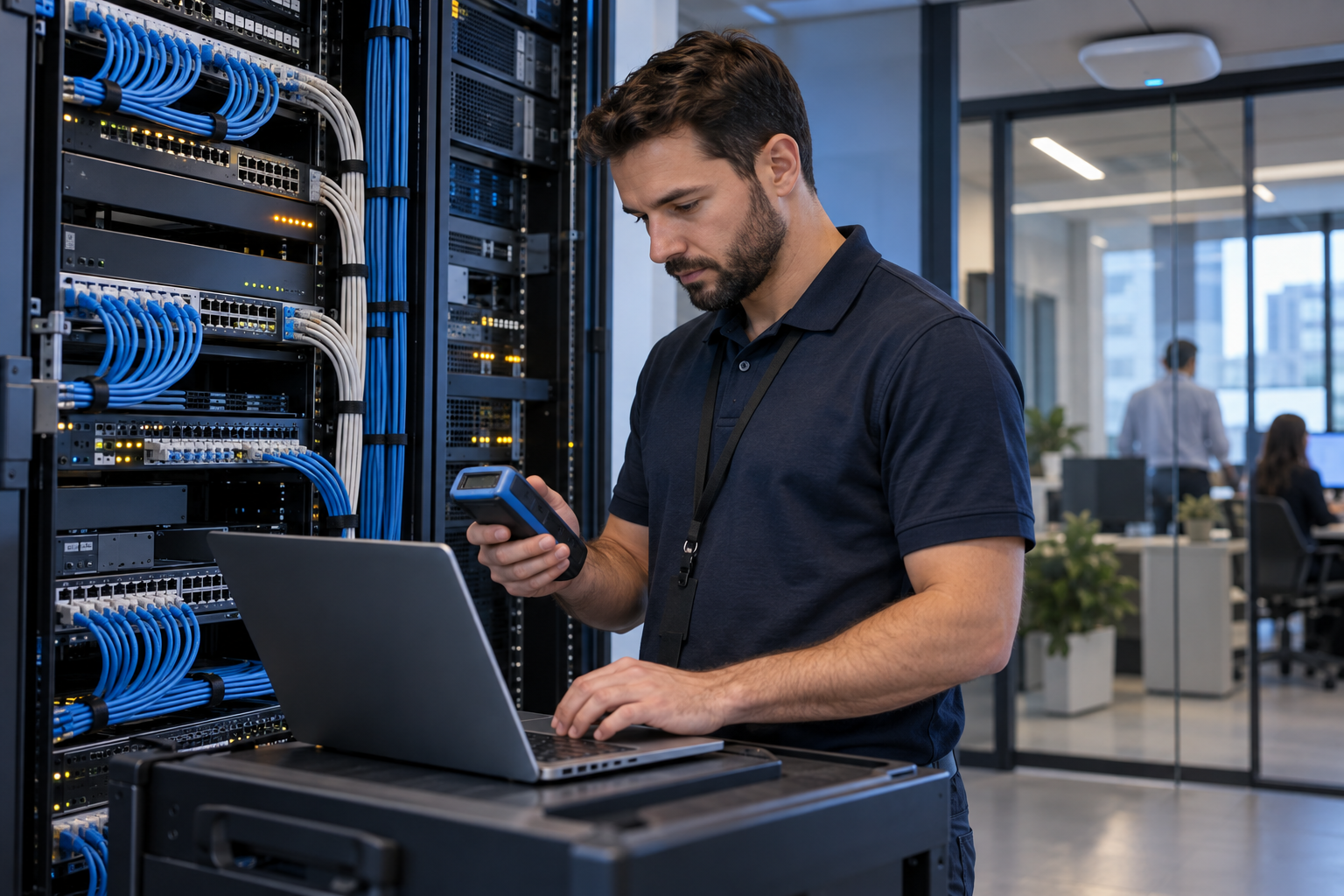 Technicien configurant une infrastructure Wi-Fi professionnelle
