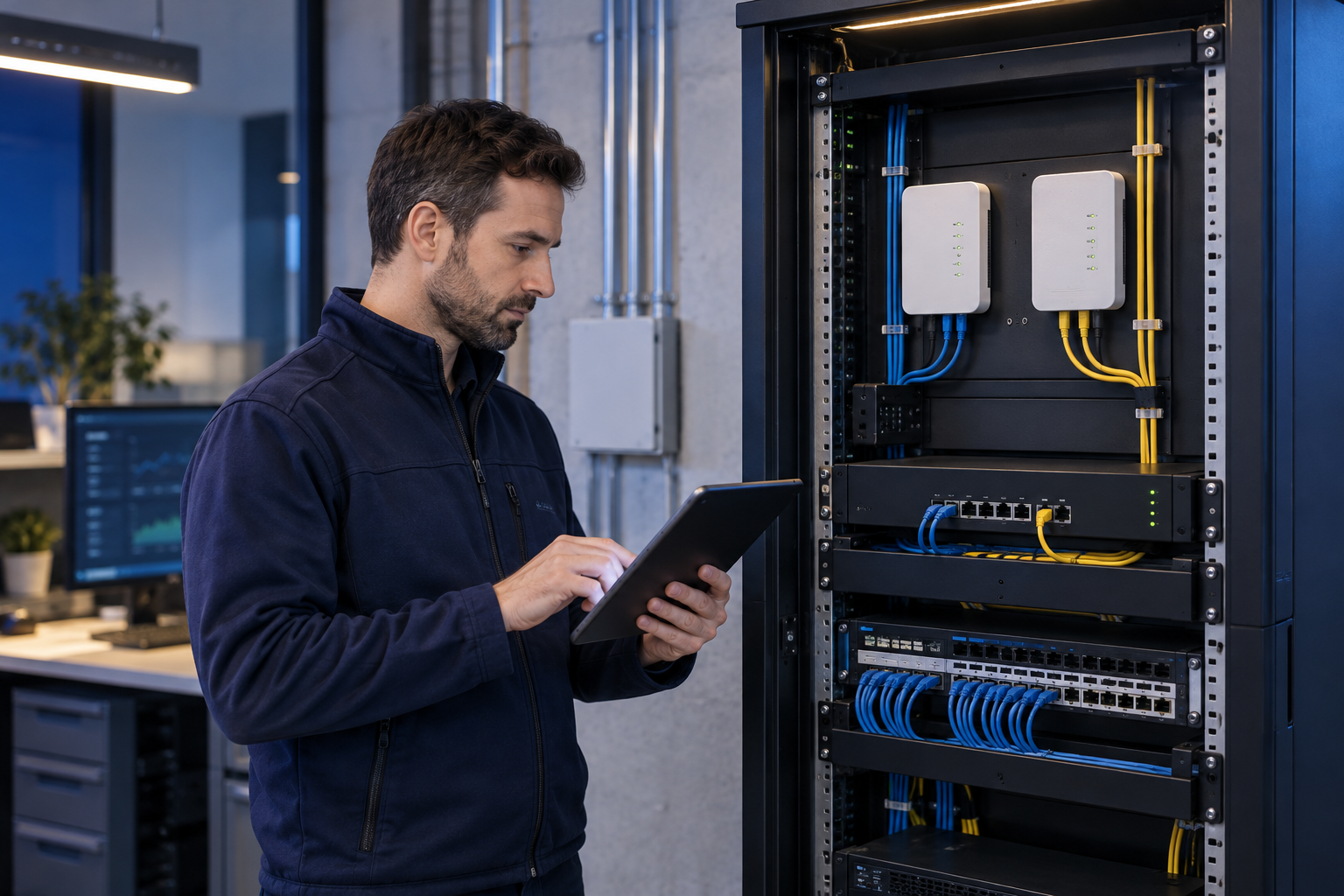 Technicien contrôlant deux accès Internet indépendants