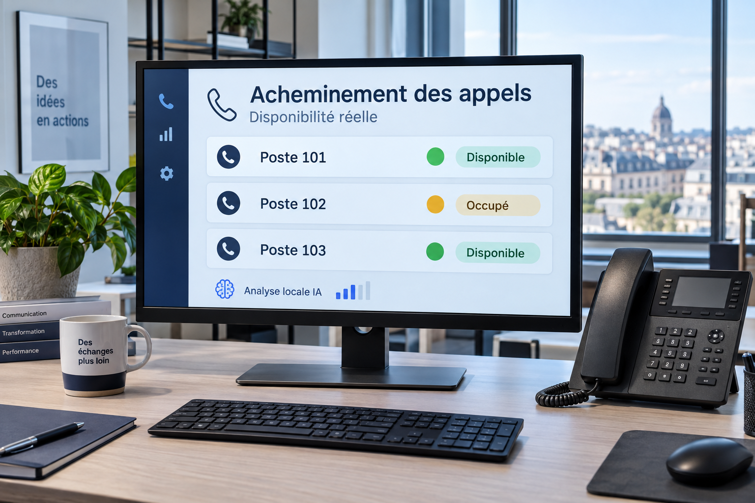 Illustration de l’acheminement téléphonique selon les états disponible ou occupé issus d’une analyse locale par IA