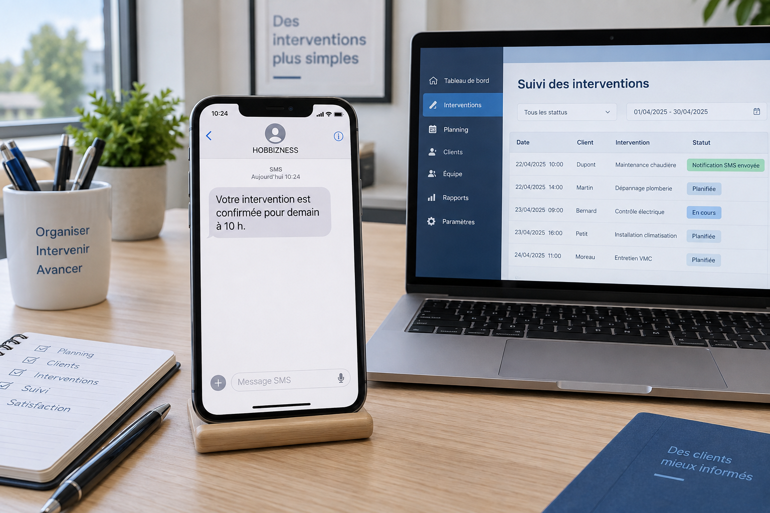 Smartphone recevant une confirmation d’intervention par SMS à côté d’un ordinateur affichant le suivi des notifications