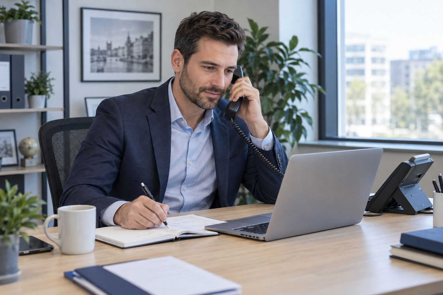 Collaborateur rappelant un client et prenant des notes pour suivre sa demande