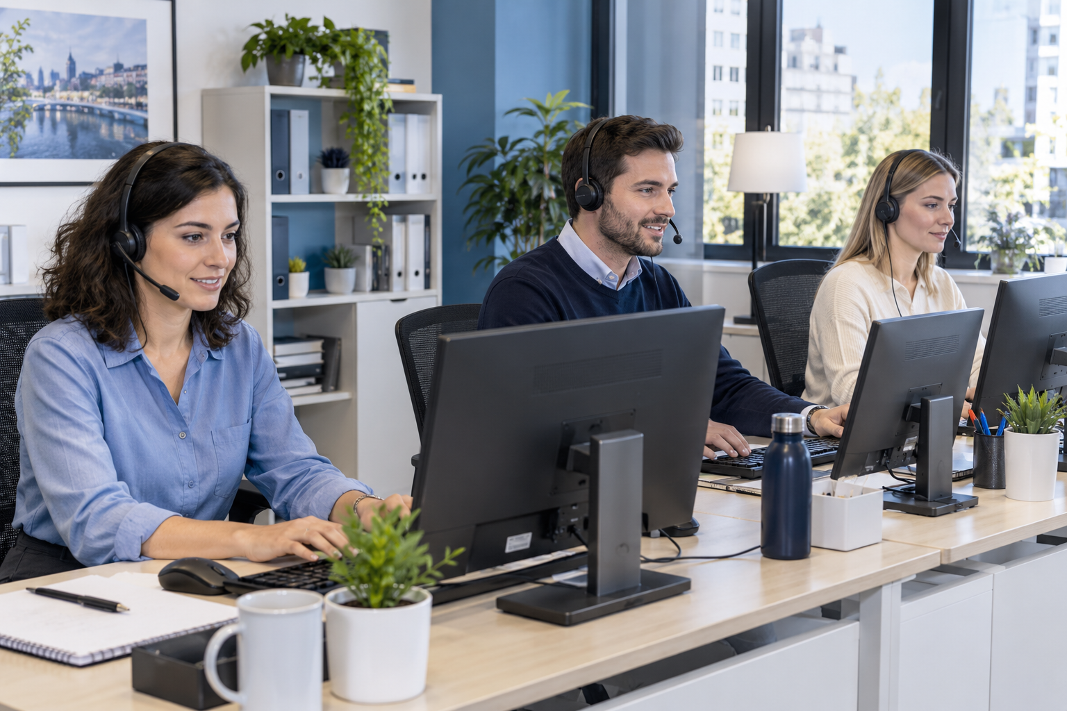 Équipe de trois collaborateurs prenant en charge les appels clients